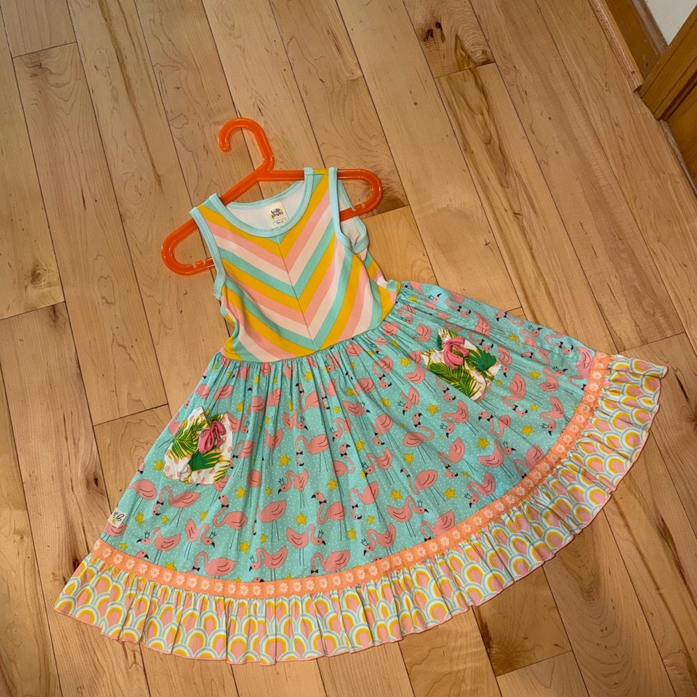 Wildflowers Turquoise Flamingo Print Sundress with Rainbow Chevron Bodice